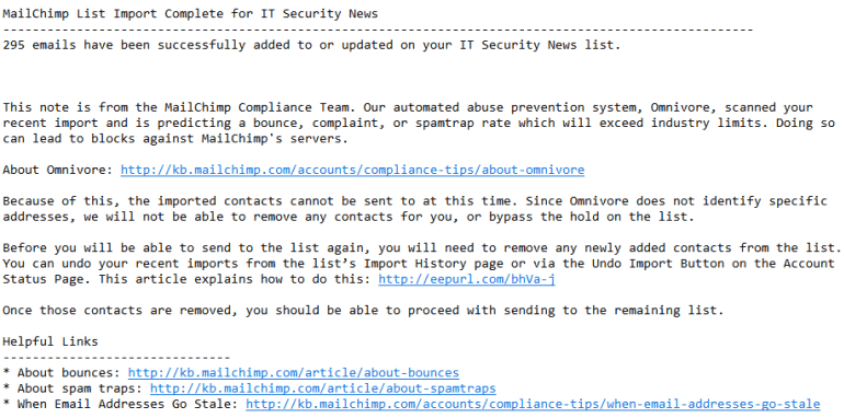 An example of a message sent by Mailchimp’s security team alerting you to an Omnivore warning in Mailchimp