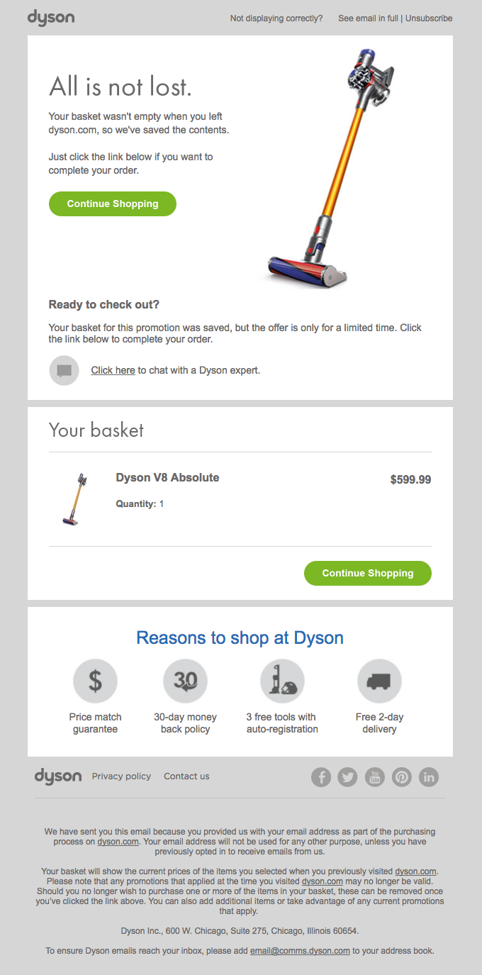 Dyson_abandoned-cart Email automation in ecommerce example for an abandoned cart