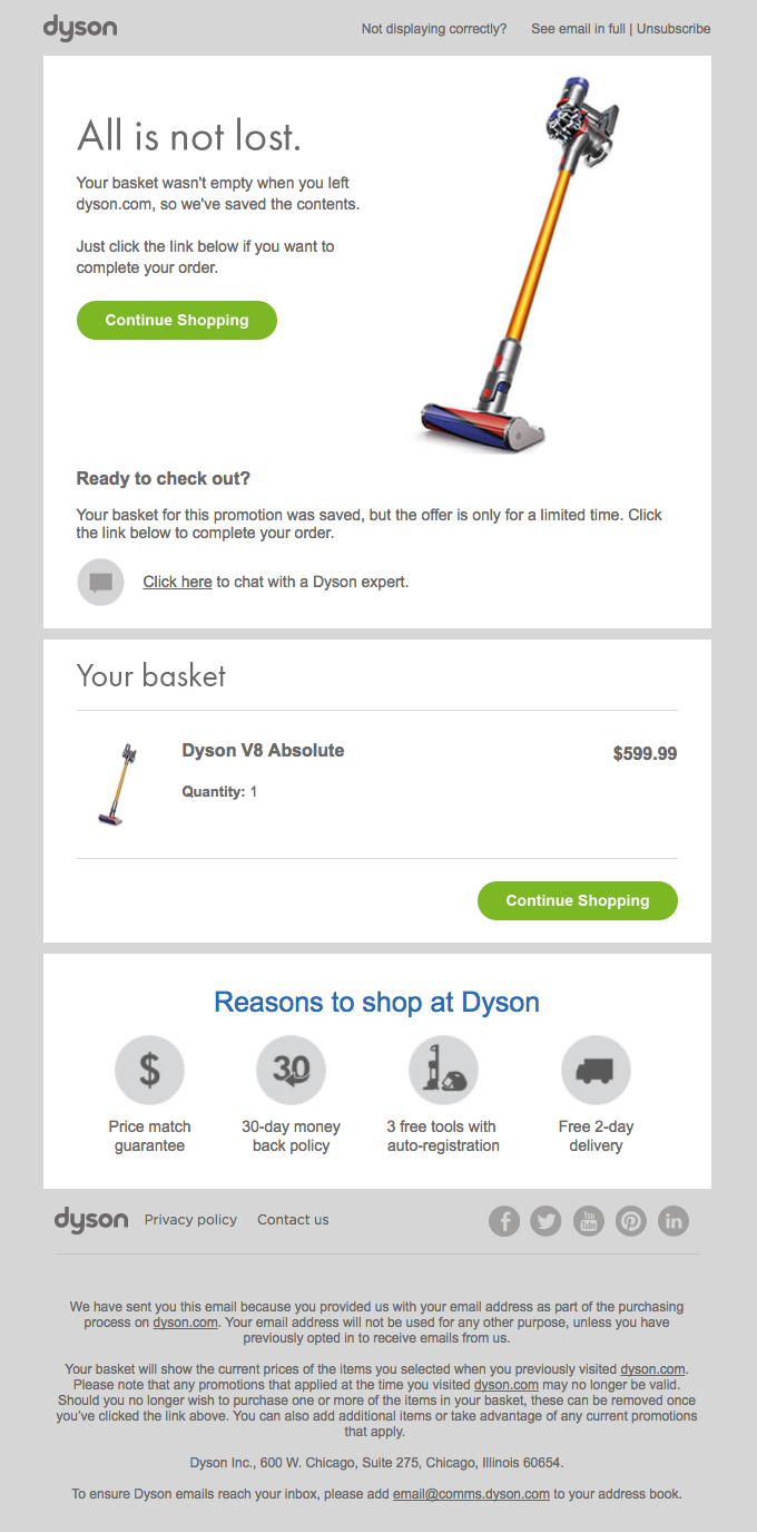 Email automation  in ecommerce example for an abandoned cart